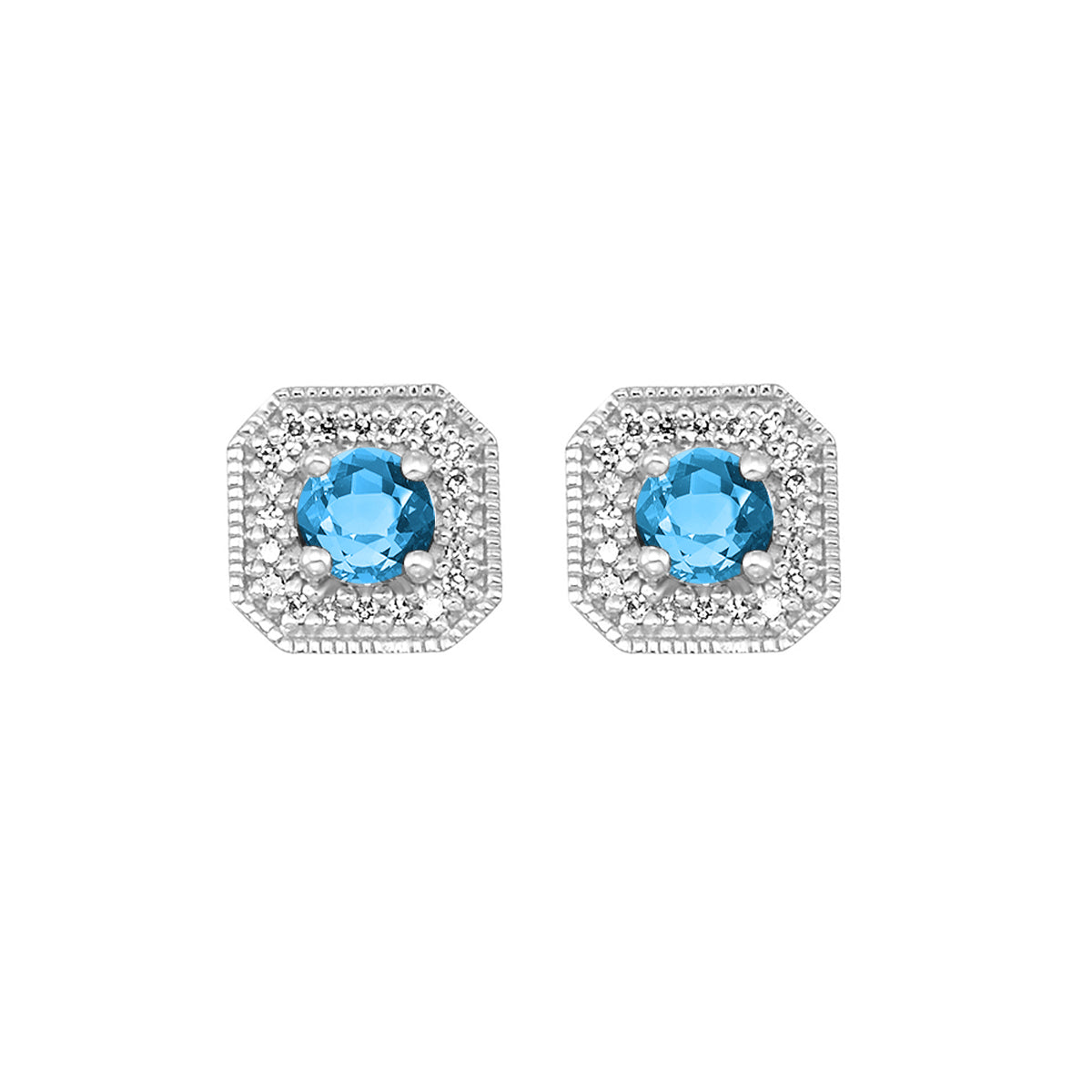 10K White Gold Diamond 1/12CTW & Blue Topaz 5/8CTW Stud Earring