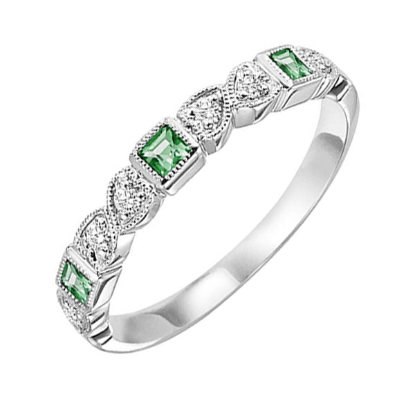 14K White Gold Diamond 1/10CTW & Emerald 1/6CTW Band