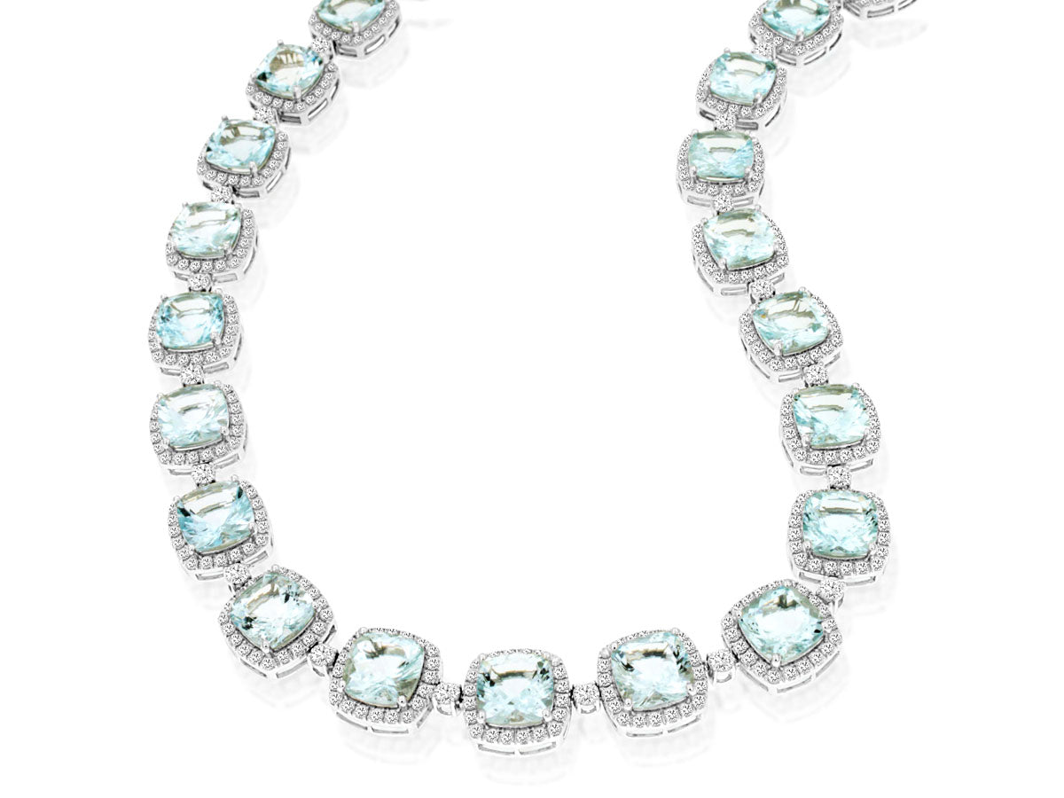 14K White Gold 74CTW Aquamarine & 12.50CTW Diamond Necklace