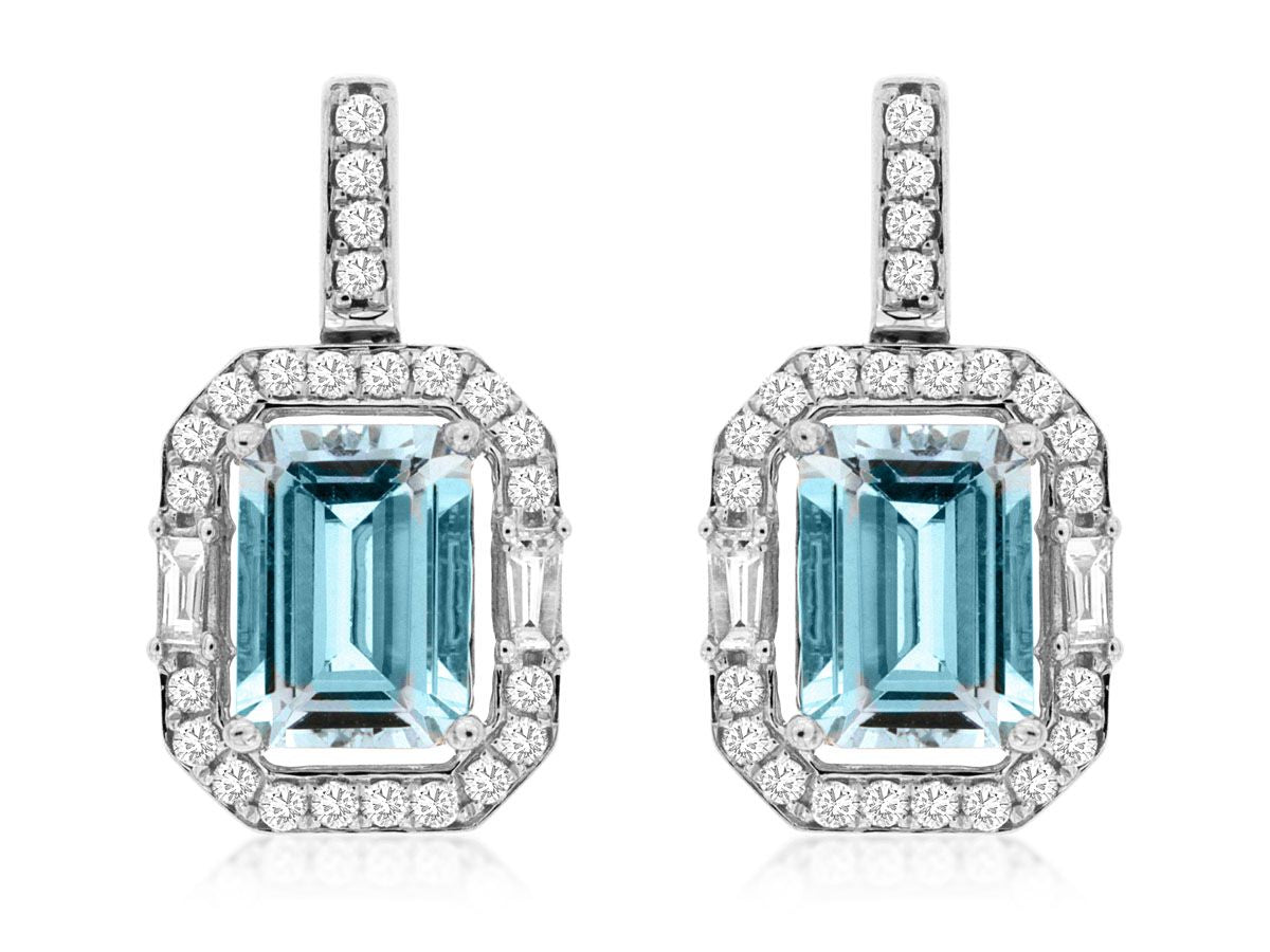 14K White Gold Diamond And Aquamarine Earrings